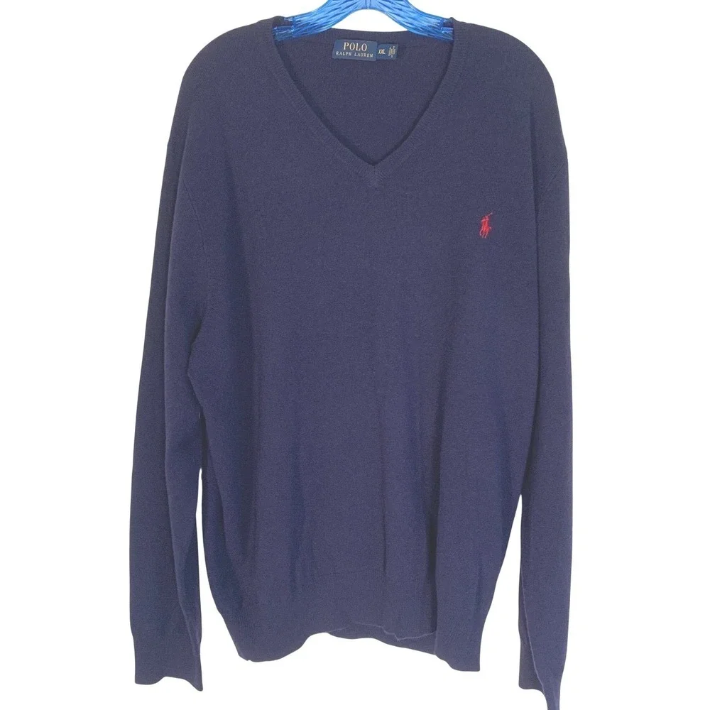 Polo Ralph Lauren XXL Sweater Navy Excellent V-Neck Merino Wool Italian Red Pony